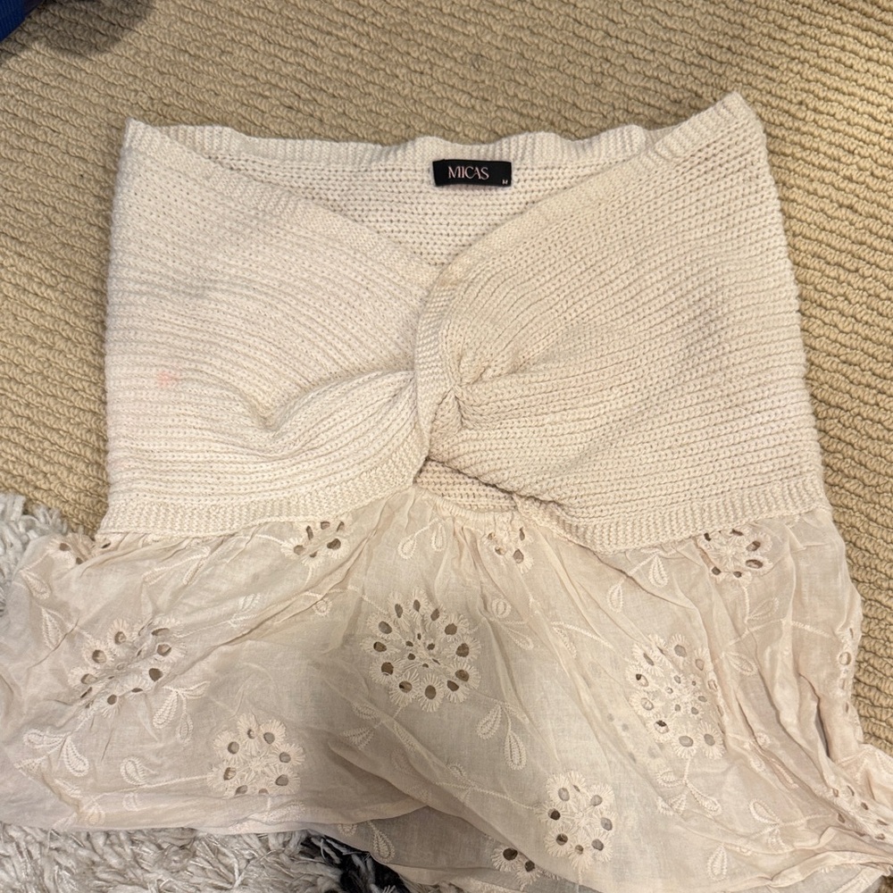 Micas Cream Knit and Lace Crop Top